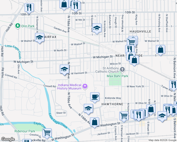 map of restaurants, bars, coffee shops, grocery stores, and more near 408 North Goodlet Avenue in Indianapolis