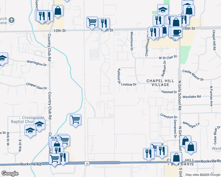 map of restaurants, bars, coffee shops, grocery stores, and more near 453 Broken Bow Trail in Indianapolis
