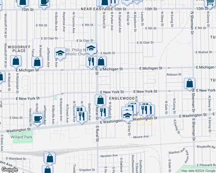 map of restaurants, bars, coffee shops, grocery stores, and more near 320 North Oxford Street in Indianapolis