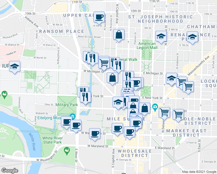 map of restaurants, bars, coffee shops, grocery stores, and more near 360 Indiana Avenue in Indianapolis
