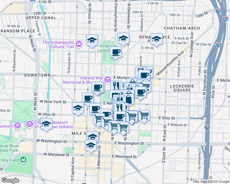 map of restaurants, bars, coffee shops, grocery stores, and more near 333 North Pennsylvania Street in Indianapolis