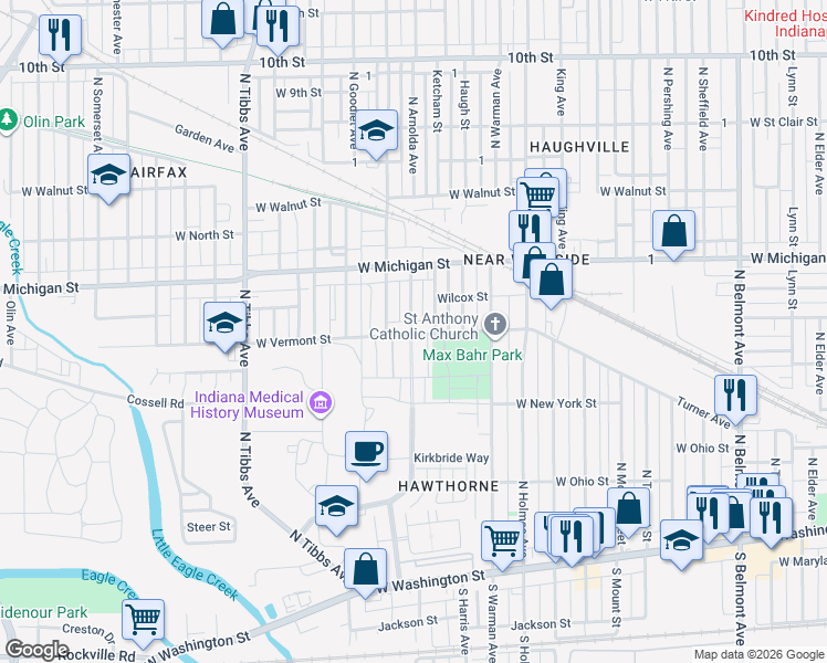 map of restaurants, bars, coffee shops, grocery stores, and more near 3026 West Vermont Street in Indianapolis