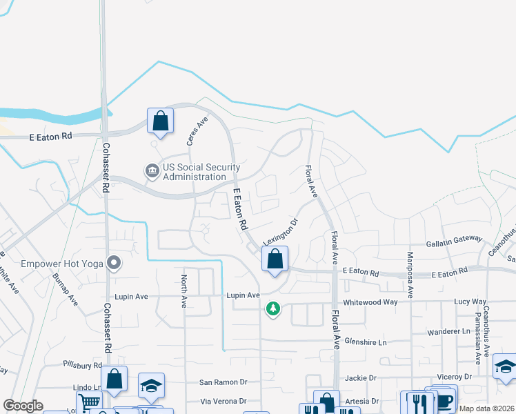 map of restaurants, bars, coffee shops, grocery stores, and more near 1749 West Eaton Road in Chico