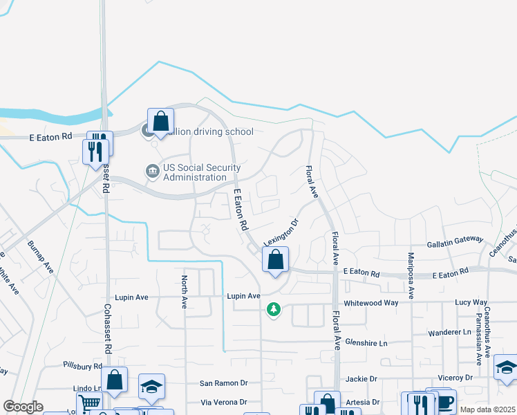map of restaurants, bars, coffee shops, grocery stores, and more near 1749 East Eaton Road in Chico