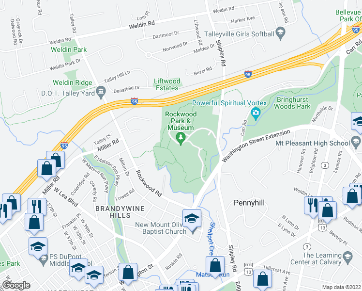 map of restaurants, bars, coffee shops, grocery stores, and more near 610 Shipley Road in Wilmington