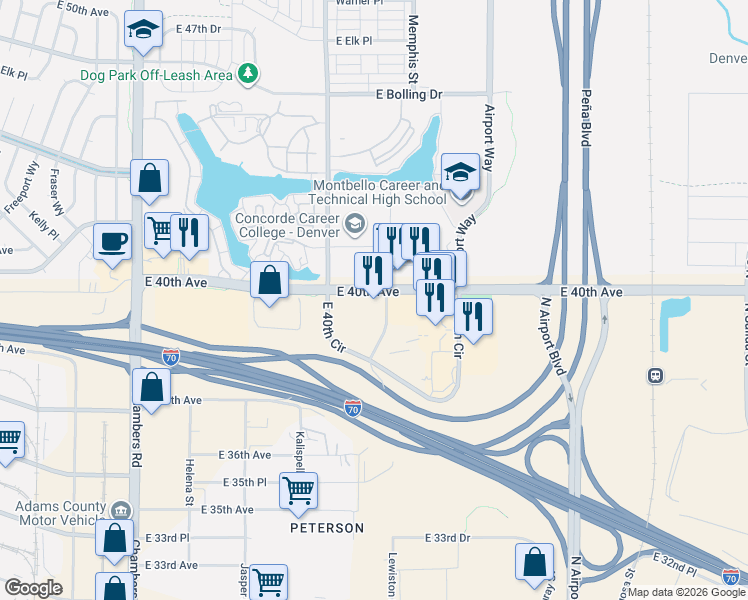 map of restaurants, bars, coffee shops, grocery stores, and more near 3995 Lewiston Street in Aurora