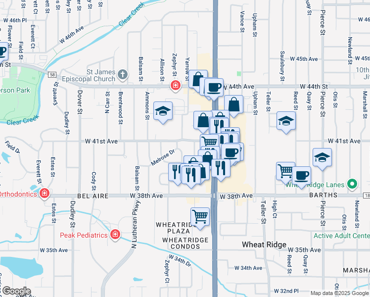 map of restaurants, bars, coffee shops, grocery stores, and more near 4040 Zephyr Dr in Wheat Ridge