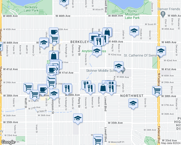 map of restaurants, bars, coffee shops, grocery stores, and more near 4015 Newton Street in Denver