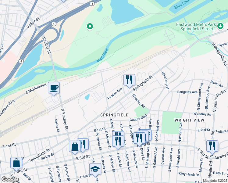 map of restaurants, bars, coffee shops, grocery stores, and more near 945 Pruden Avenue in Dayton