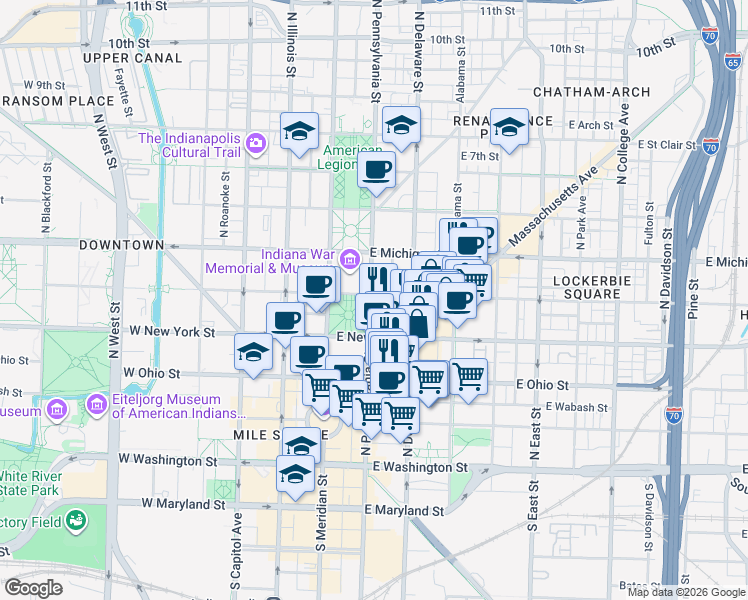 map of restaurants, bars, coffee shops, grocery stores, and more near 333 North Pennsylvania Street in Indianapolis
