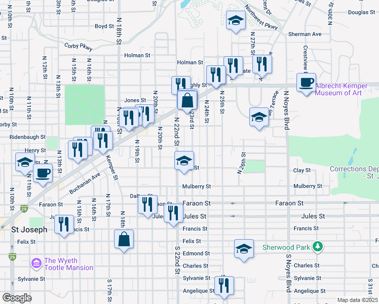 map of restaurants, bars, coffee shops, grocery stores, and more near 650 North 23rd Street in Saint Joseph