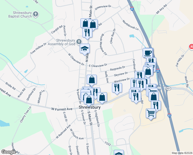 map of restaurants, bars, coffee shops, grocery stores, and more near 91 Skyview Dr in Shrewsbury