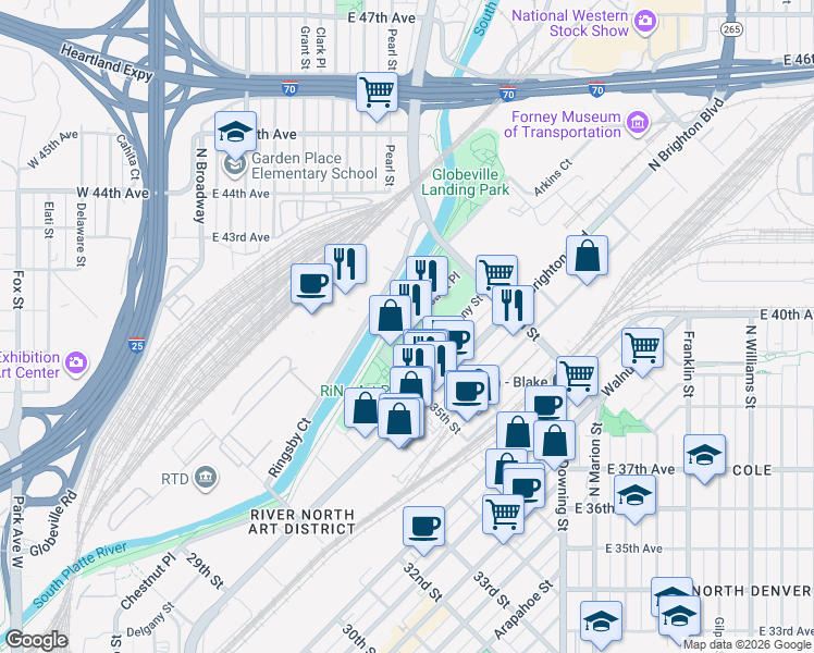 map of restaurants, bars, coffee shops, grocery stores, and more near 3560 Chestnut Place in Denver