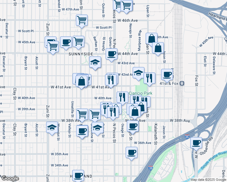 map of restaurants, bars, coffee shops, grocery stores, and more near 4031 Osage Street in Denver