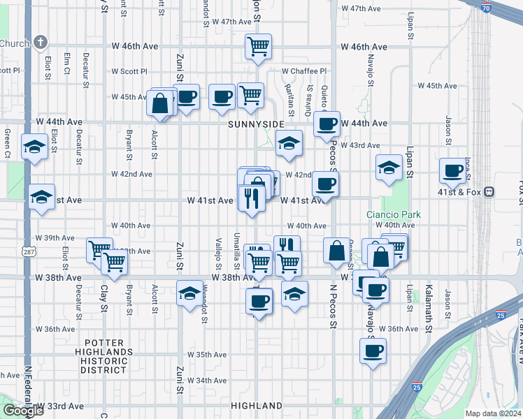 map of restaurants, bars, coffee shops, grocery stores, and more near 1930 West 41st Avenue in Denver