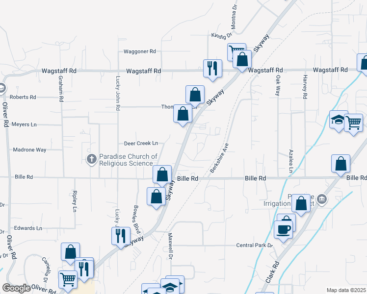map of restaurants, bars, coffee shops, grocery stores, and more near 7786 Skyway Road in Paradise