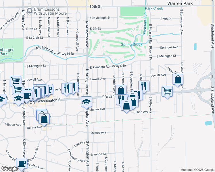 map of restaurants, bars, coffee shops, grocery stores, and more near 33 North Catherwood Avenue in Indianapolis