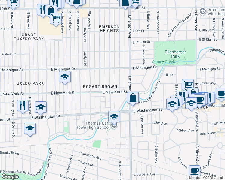 map of restaurants, bars, coffee shops, grocery stores, and more near 5024 East New York Street in Indianapolis