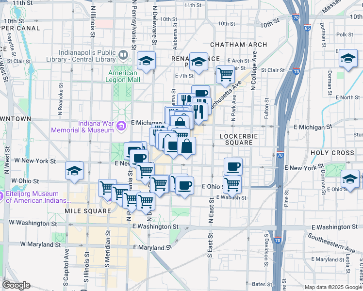 map of restaurants, bars, coffee shops, grocery stores, and more near in Indianapolis