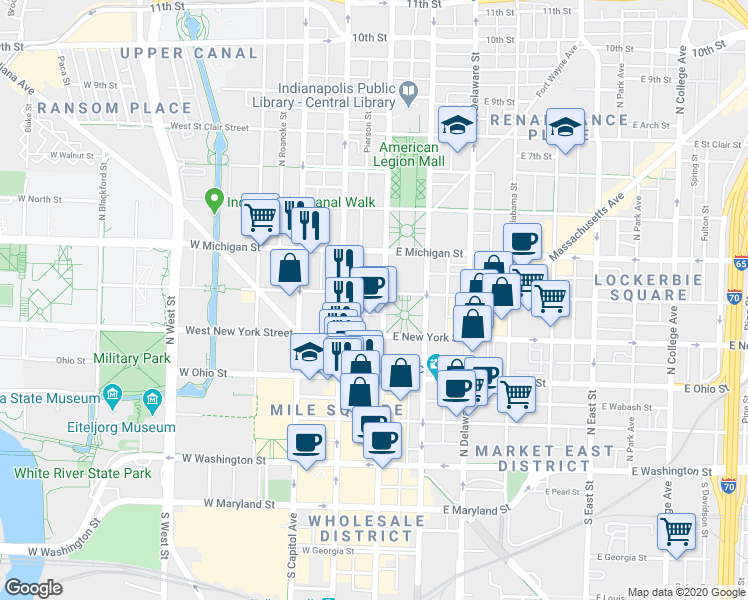map of restaurants, bars, coffee shops, grocery stores, and more near 350 North Meridian Street in Indianapolis