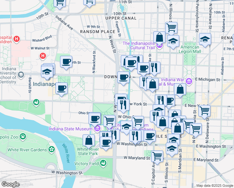 map of restaurants, bars, coffee shops, grocery stores, and more near 530 West New York Street in Indianapolis
