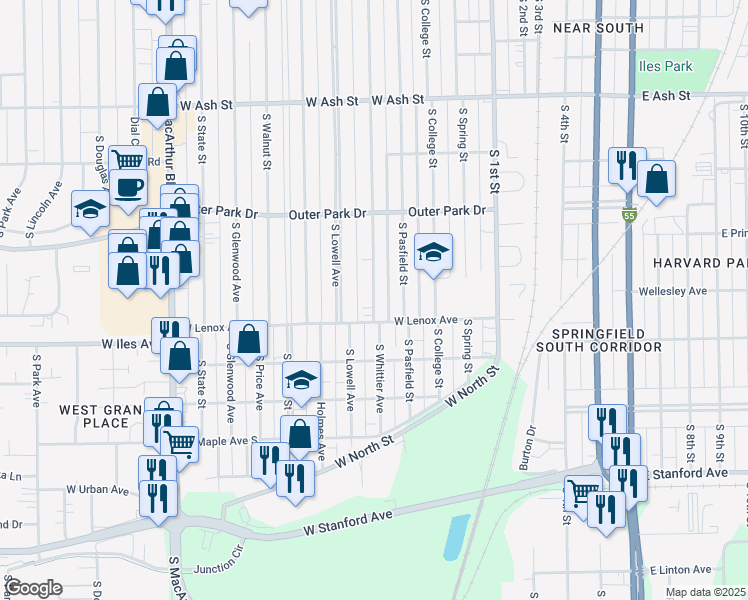 map of restaurants, bars, coffee shops, grocery stores, and more near 2308-2598 South Whittier Avenue in Springfield