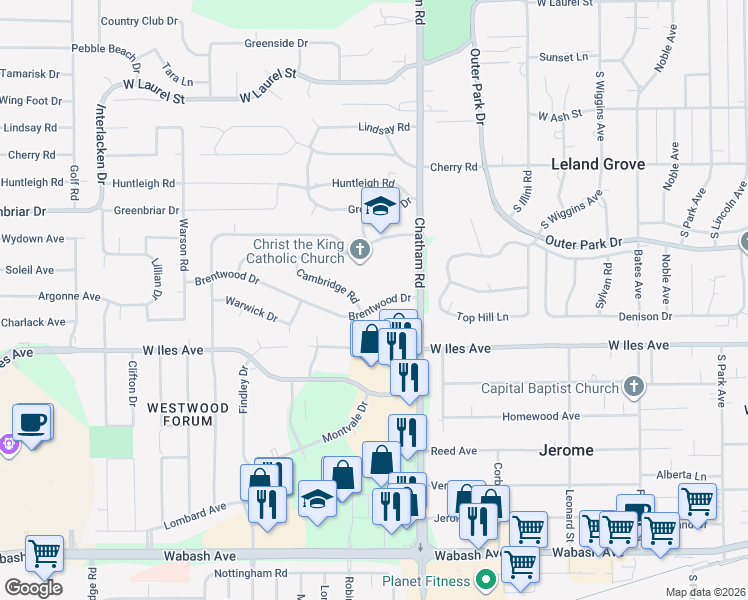 map of restaurants, bars, coffee shops, grocery stores, and more near in Springfield