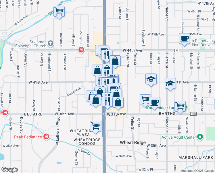 map of restaurants, bars, coffee shops, grocery stores, and more near 4020 Wadsworth Boulevard in Wheat Ridge