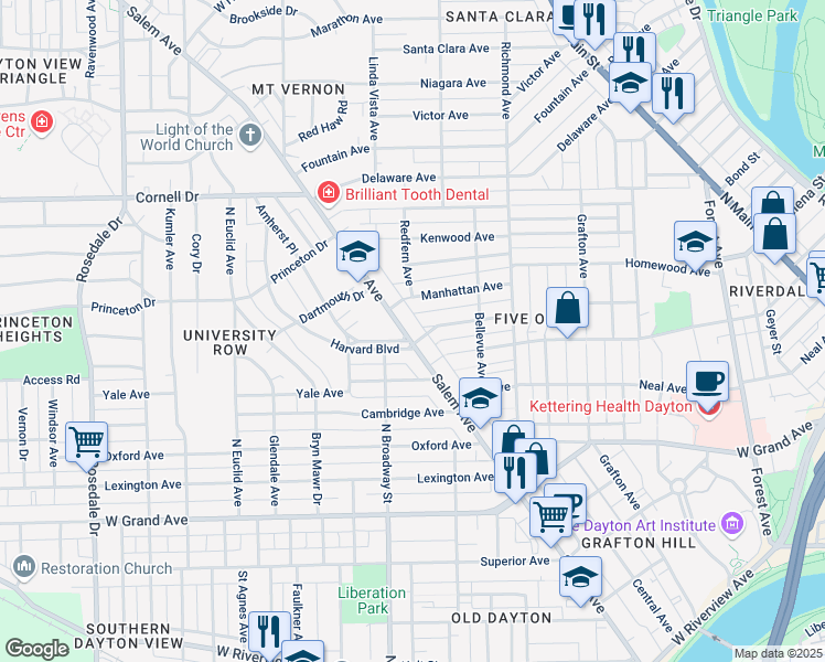 map of restaurants, bars, coffee shops, grocery stores, and more near 911 Salem Avenue in Dayton