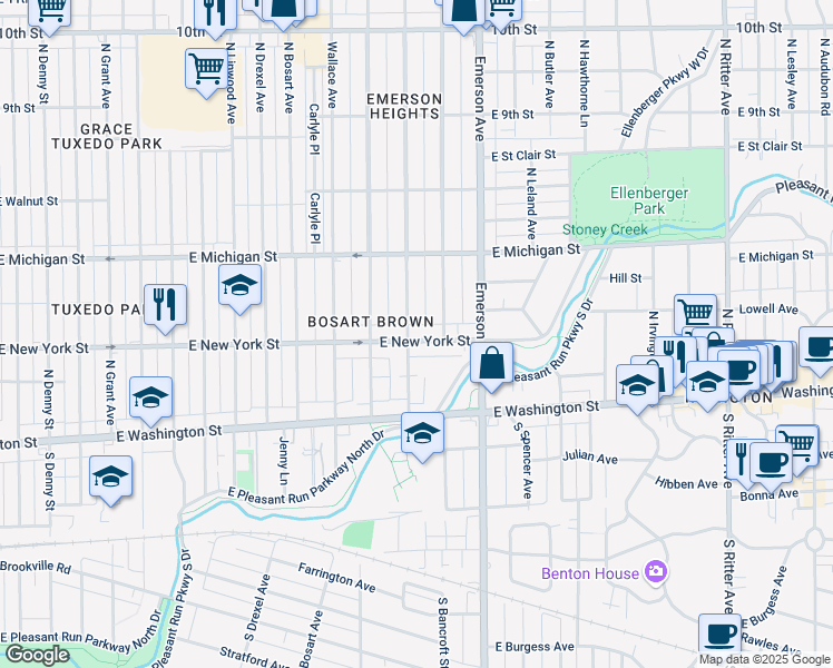 map of restaurants, bars, coffee shops, grocery stores, and more near 5024 East New York Street in Indianapolis