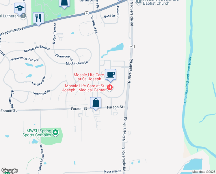 map of restaurants, bars, coffee shops, grocery stores, and more near 901 Heartland Road in Saint Joseph