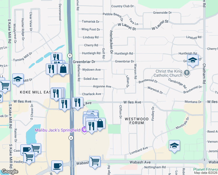 map of restaurants, bars, coffee shops, grocery stores, and more near 2406 Argonne Avenue in Springfield