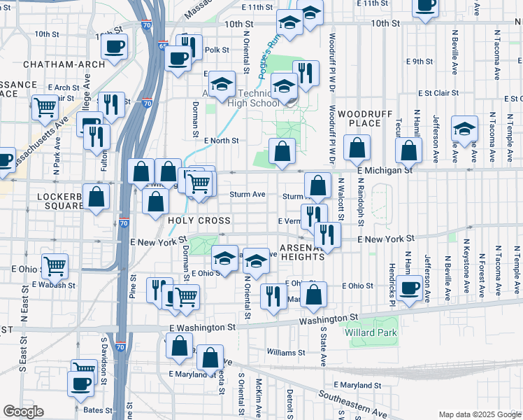 map of restaurants, bars, coffee shops, grocery stores, and more near 1424 East Vermont Street in Indianapolis