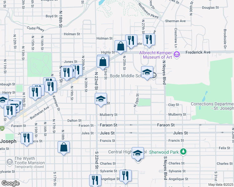 map of restaurants, bars, coffee shops, grocery stores, and more near 629 North 24th Street in Saint Joseph