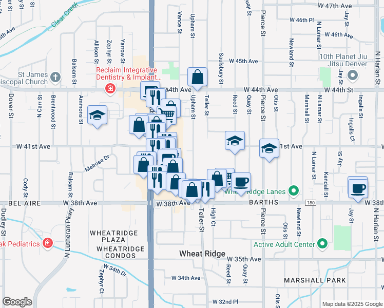 map of restaurants, bars, coffee shops, grocery stores, and more near 4057 Upham Street in Wheat Ridge