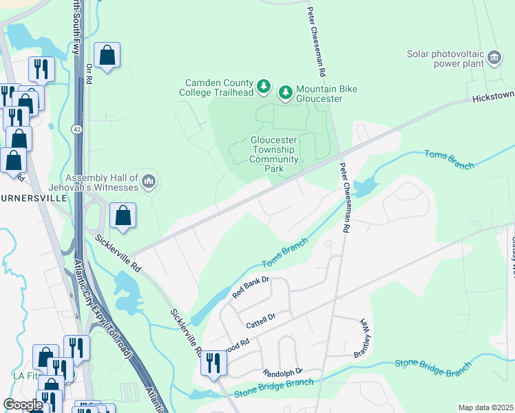 map of restaurants, bars, coffee shops, grocery stores, and more near 3 Marcia Court in Sicklerville