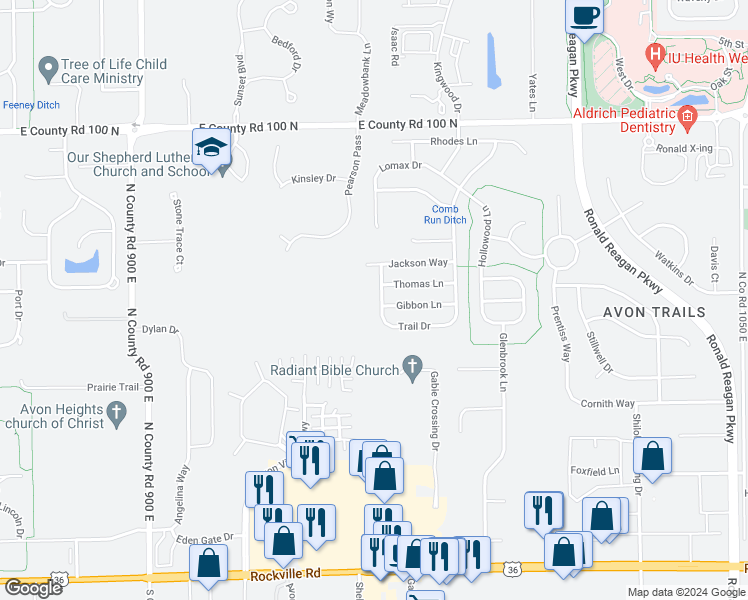 map of restaurants, bars, coffee shops, grocery stores, and more near 614 Springtree Lane in Avon