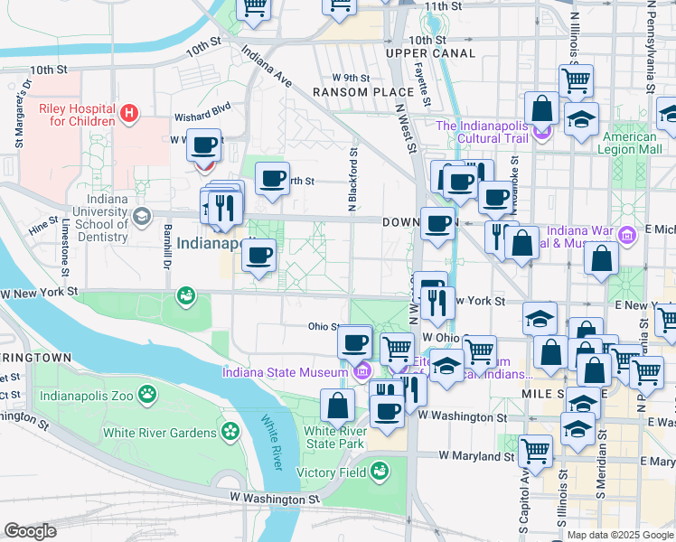 map of restaurants, bars, coffee shops, grocery stores, and more near 300-388 North Blackford Street in Indianapolis