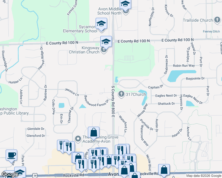 map of restaurants, bars, coffee shops, grocery stores, and more near 660 North County Road 800 East in Avon