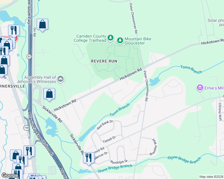 map of restaurants, bars, coffee shops, grocery stores, and more near 5 Marcia Court in Sicklerville