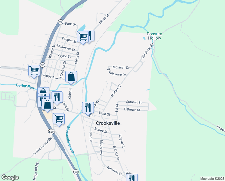 map of restaurants, bars, coffee shops, grocery stores, and more near 401 Elva Street in Crooksville