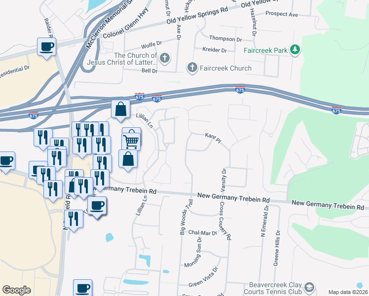 map of restaurants, bars, coffee shops, grocery stores, and more near 2867 Big Woods Trail in Dayton