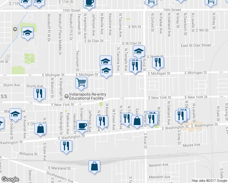 map of restaurants, bars, coffee shops, grocery stores, and more near 328 N Forest Ave in Indianapolis