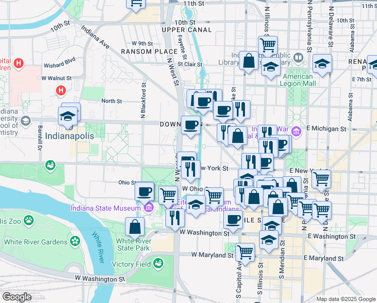 map of restaurants, bars, coffee shops, grocery stores, and more near 423 West Vermont Street in Indianapolis