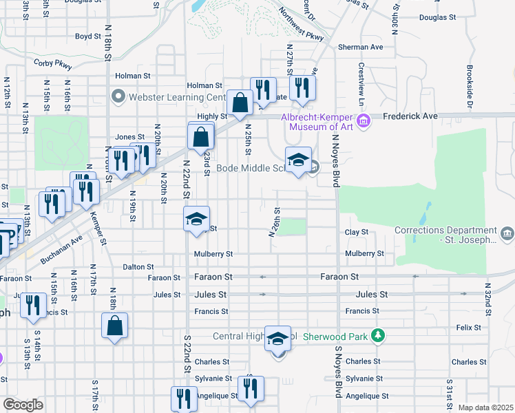 map of restaurants, bars, coffee shops, grocery stores, and more near 627 North 25th Street in Saint Joseph
