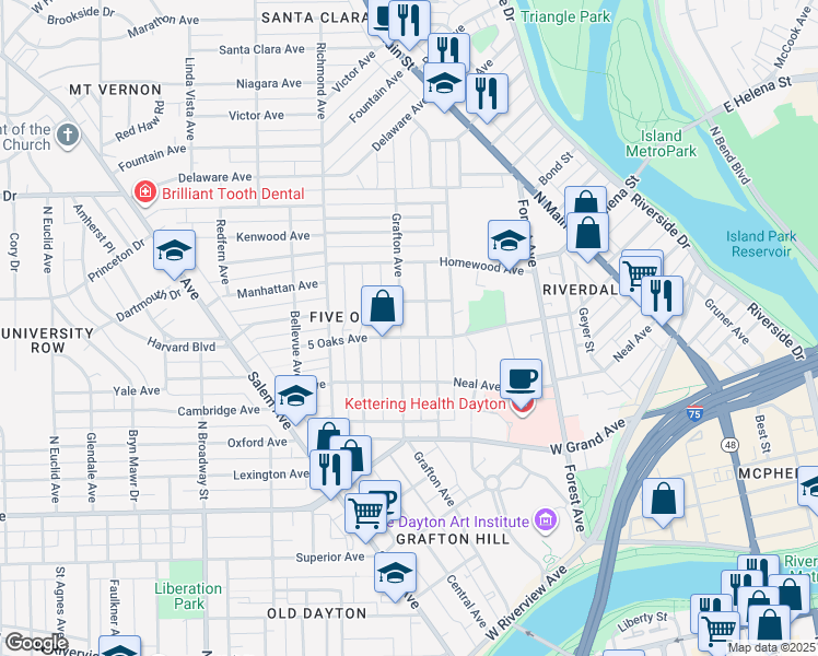 map of restaurants, bars, coffee shops, grocery stores, and more near 604 Grafton Ave in Dayton