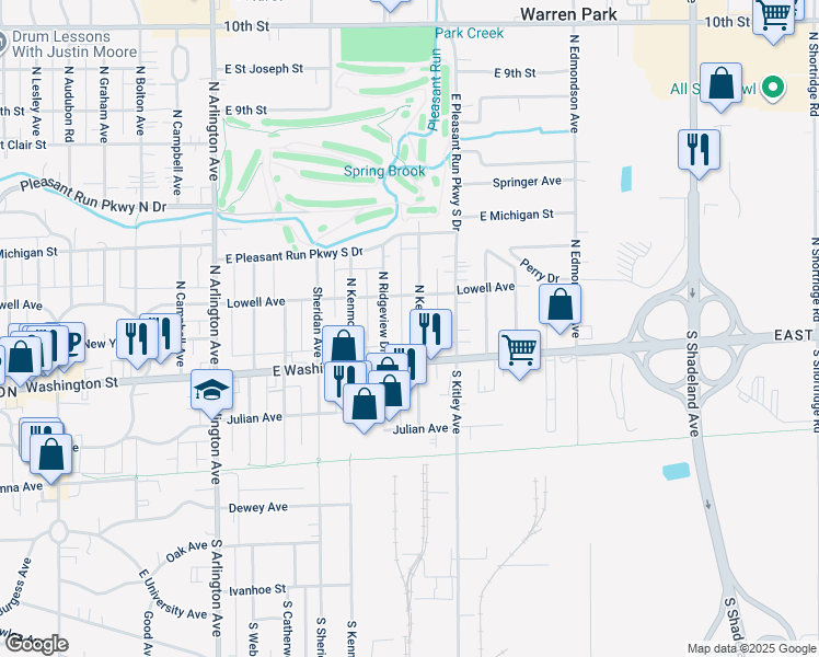 map of restaurants, bars, coffee shops, grocery stores, and more near 34 N Kenyon St in Indianapolis