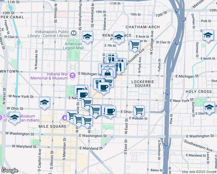 map of restaurants, bars, coffee shops, grocery stores, and more near 320 East Vermont Street in Indianapolis