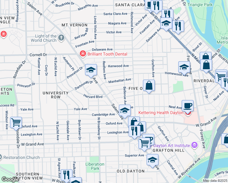 map of restaurants, bars, coffee shops, grocery stores, and more near 938 Harvard Boulevard in Dayton