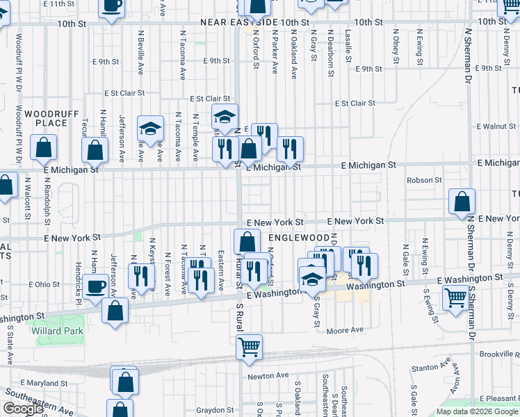 map of restaurants, bars, coffee shops, grocery stores, and more near 320 North Oxford Street in Indianapolis